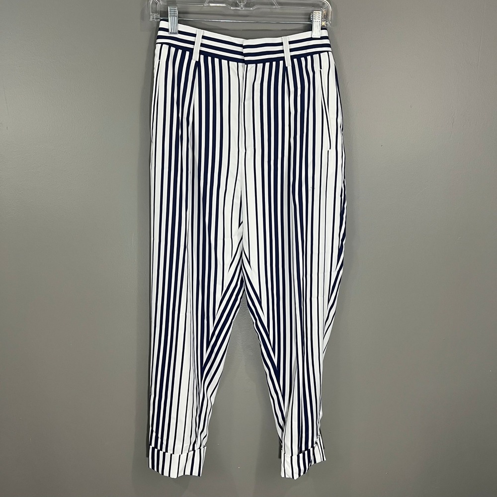 Jean Paul Gaultier Trousers Womens 36 Blue White Stripe Great Pleated Cuffed